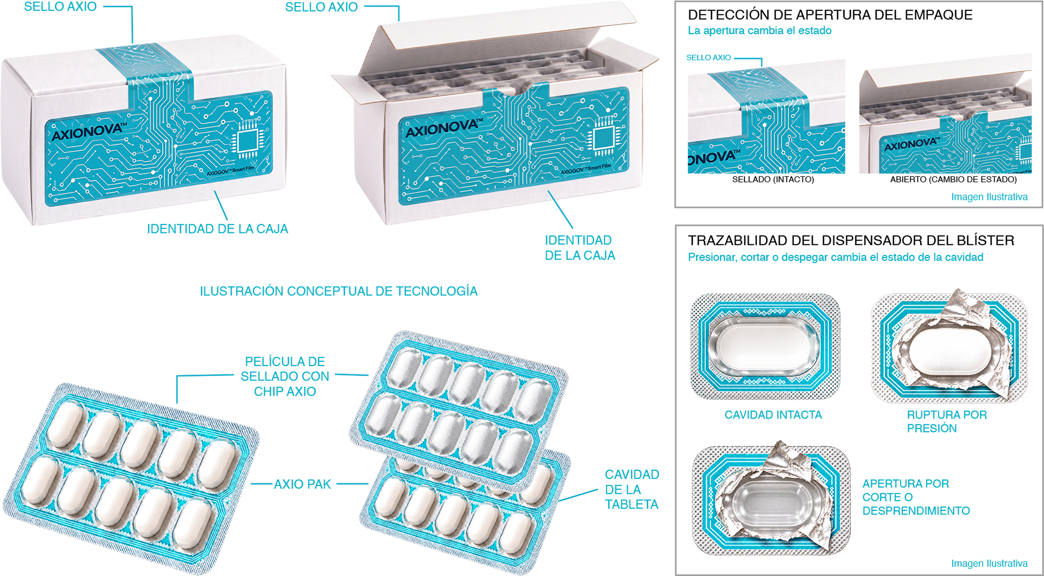 Ilustración técnica del empaque AXIOGOV™ en caja y blíster: una caja sellada y una abierta con su AXIO SEAL e identidad de caja, blísteres AXIO PAK con película de tapa AXIO CHIP y cavidades de tableta, y paneles de detalle que muestran el cambio de estado del sello de la caja y cavidades intactas, rotas por presión y cortadas o desprendidas.
