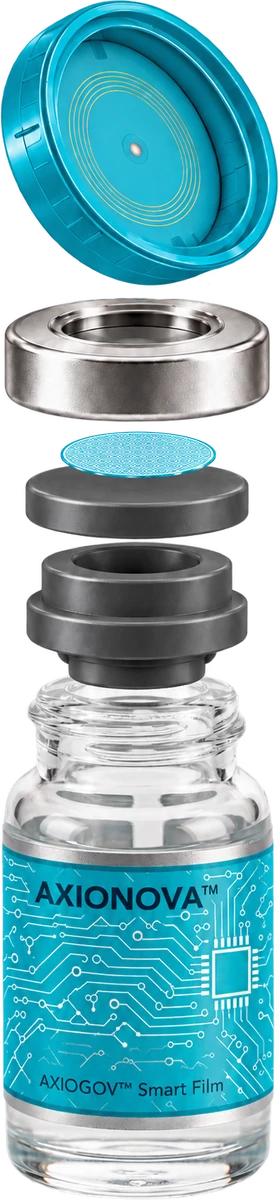 Exploded view of an AXIOGOV™ vial: AXIO CAP with its AXIO CHIP, aluminum seal, tamper film, rubber stopper, and vial body with AXIO CHIP body film.